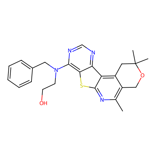 2-(benzyl(2,2,5-trimethyl-2,4-dihydro-1H-pyrano[4'',3'':4',5']pyrido[3',2':4,5]thieno[3,2-d]pyrimidin-8-yl)amino)ethanol structure