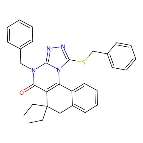 4-benzyl-1-(benzylsulfanyl)-6,6-diethyl-6,7-dihydrobenzo[h][1,2,4]triazolo[4,3-a]quinazolin-5(4H)-one structure
