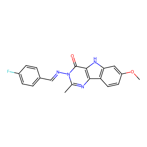 (E)-3-((4-fluorobenzylidene)amino)-7-methoxy-2-methyl-3H-pyrimido[5,4-b]indol-4(5H)-one structure