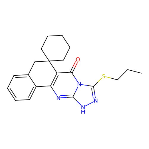 9-(propylthio)-5H-spiro[benzo[h][1,2,4]triazolo[3,4-b]quinazoline-6,1'-cyclohexan]-7(12H)-one structure
