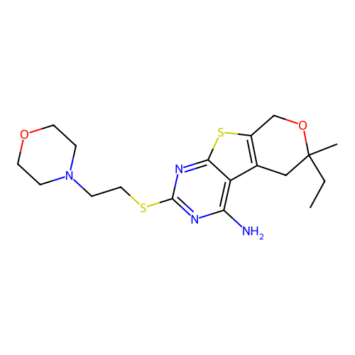 6-ethyl-6-methyl-2-((2-morpholinoethyl)thio)-6,8-dihydro-5H-pyrano[4',3':4,5]thieno[2,3-d]pyrimidin-4-amine structure
