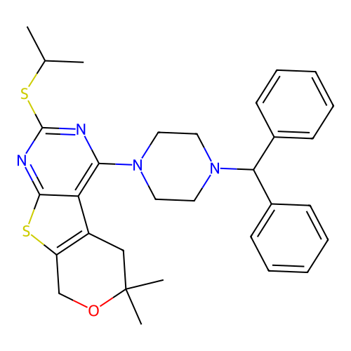 4-(4-benzhydrylpiperazin-1-yl)-2-(isopropylthio)-6,6-dimethyl-6,8-dihydro-5H-pyrano[4',3':4,5]thieno[2,3-d]pyrimidine structure