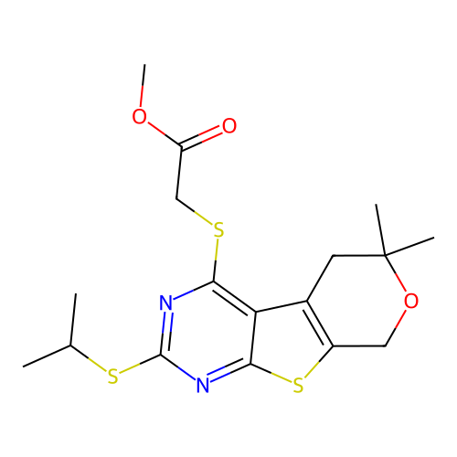 methyl {[6,6-dimethyl-2-(propan-2-ylsulfanyl)-5,8-dihydro-6H-pyrano[4',3':4,5]thieno[2,3-d]pyrimidin-4-yl]sulfanyl}acetate structure