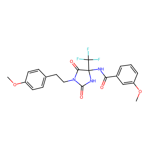 3-methoxy-N-[1-[2-(4-methoxyphenyl)ethyl]-2,5-dioxo-4-(trifluoromethyl)imidazolidin-4-yl]benzamide structure