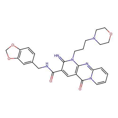 2-Imino-1-(3-morpholin-4-yl-propyl)-10-oxo-1,10-dihydro-2H-1,9,10a-triaza-anthracene-3-carboxylic acid (benzo[1,3]dioxol-5-ylmethyl)-amide structure