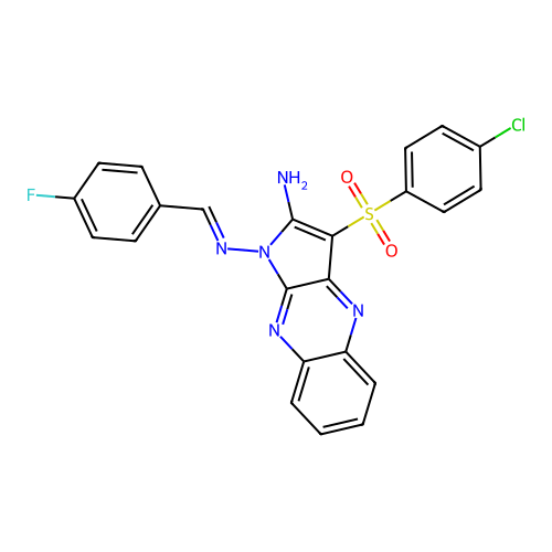 (E)-3-((4-chlorophenyl)sulfonyl)-N1-(4-fluorobenzylidene)-1H-pyrrolo[2,3-b]quinoxaline-1,2-diamine structure