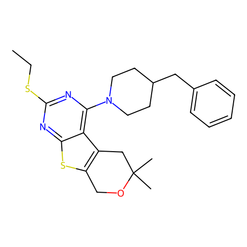 4-(4-benzylpiperidin-1-yl)-2-(ethylsulfanyl)-6,6-dimethyl-5,8-dihydro-6H-pyrano[4',3':4,5]thieno[2,3-d]pyrimidine structure