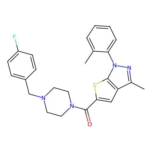 (4-(4-fluorobenzyl)piperazin-1-yl)(3-methyl-1-(o-tolyl)-1H-thieno[2,3-c]pyrazol-5-yl)methanone structure