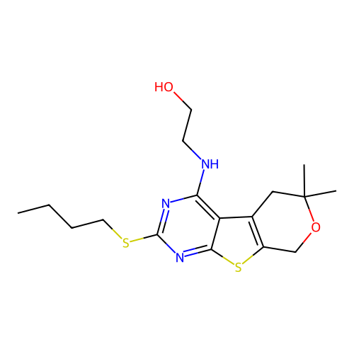 2-((2-(butylthio)-6,6-dimethyl-6,8-dihydro-5H-pyrano[4',3':4,5]thieno[2,3-d]pyrimidin-4-yl)amino)ethanol structure
