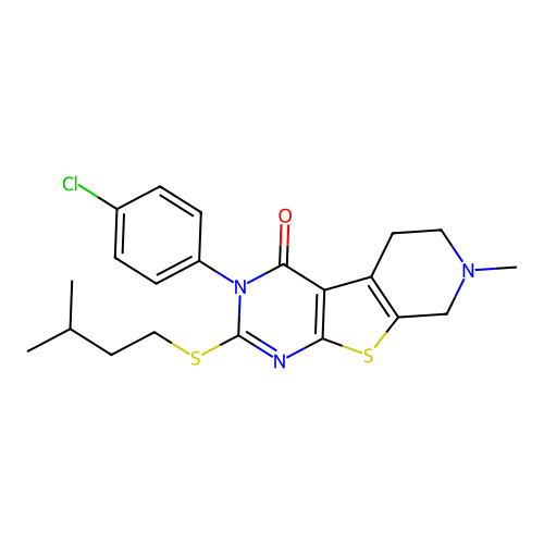 3-(4-chlorophenyl)-2-(isopentylthio)-7-methyl-5,6,7,8-tetrahydropyrido[4',3':4,5]thieno[2,3-d]pyrimidin-4(3H)-one structure