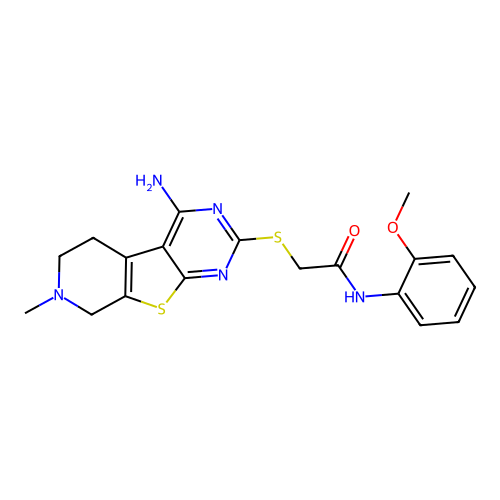 2-((4-amino-7-methyl-5,6,7,8-tetrahydropyrido[4',3':4,5]thieno[2,3-d]pyrimidin-2-yl)thio)-N-(2-methoxyphenyl)acetamide structure