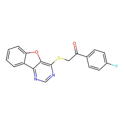 2-([1]Benzofuro[3,2-d]pyrimidin-4-ylsulfanyl)-1-(4-fluorophenyl)ethanone structure