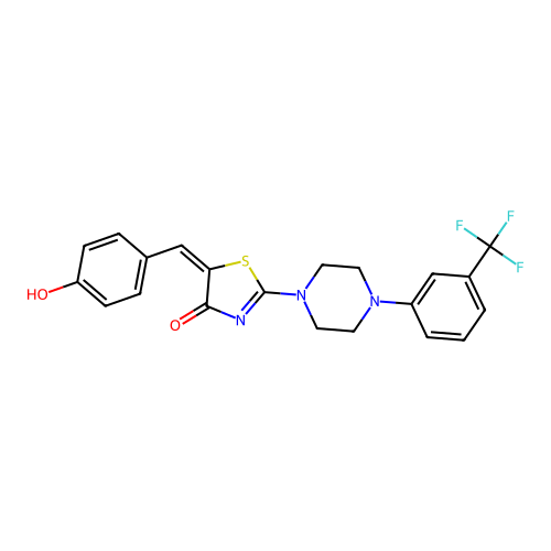(5E)-5-[(4-hydroxyphenyl)methylidene]-2-[4-[3-(trifluoromethyl)phenyl]piperazin-1-yl]-1,3-thiazol-4-one structure