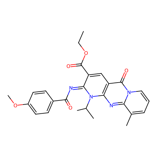 (Z)-ethyl 1-isopropyl-2-((4-methoxybenzoyl)imino)-10-methyl-5-oxo-2,5-dihydro-1H-dipyrido[1,2-a:2',3'-d]pyrimidine-3-carboxylate structure