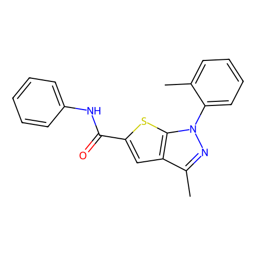 3-methyl-1-(2-methylphenyl)-N-phenyl-1H-thieno[2,3-c]pyrazole-5-carboxamide structure