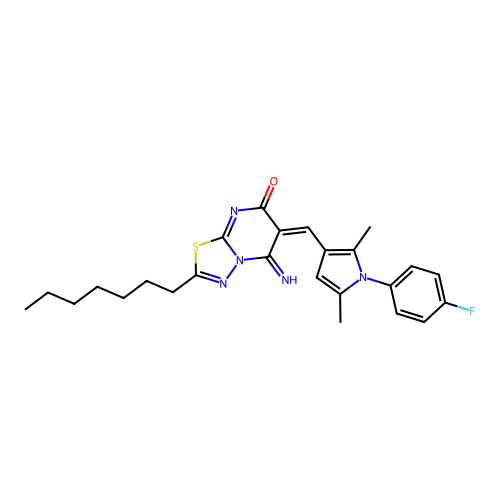 (6E)-6-[[1-(4-fluorophenyl)-2,5-dimethylpyrrol-3-yl]methylidene]-2-heptyl-5-imino-[1,3,4]thiadiazolo[3,2-a]pyrimidin-7-one structure