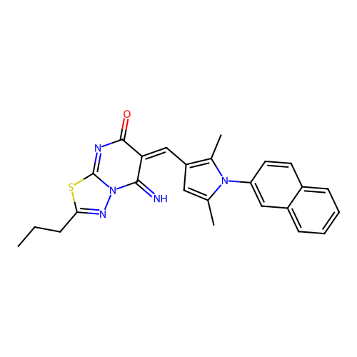 (6E)-6-[(2,5-dimethyl-1-naphthalen-2-ylpyrrol-3-yl)methylidene]-5-imino-2-propyl-[1,3,4]thiadiazolo[3,2-a]pyrimidin-7-one structure