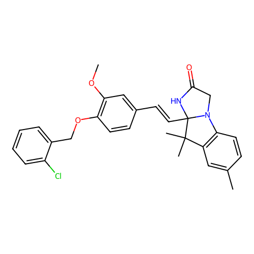 (E)-9a-(4-((2-chlorobenzyl)oxy)-3-methoxystyryl)-7,9,9-trimethyl-9,9a-dihydro-1H-imidazo[1,2-a]indol-2(3H)-one structure