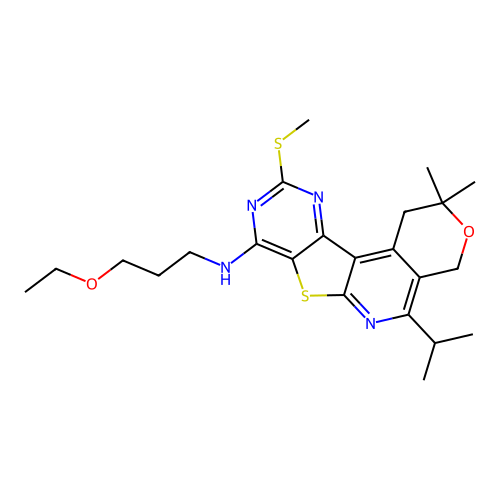 N-(3-ethoxypropyl)-2,2-dimethyl-10-(methylsulfanyl)-5-(propan-2-yl)-1,4-dihydro-2H-pyrano[4'',3'':4',5']pyrido[3',2':4,5]thieno[3,2-d]pyrimidin-8-amine structure