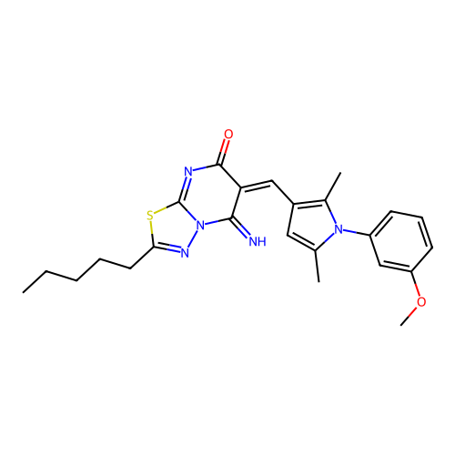 (6E)-5-imino-6-[[1-(3-methoxyphenyl)-2,5-dimethylpyrrol-3-yl]methylidene]-2-pentyl-[1,3,4]thiadiazolo[3,2-a]pyrimidin-7-one structure