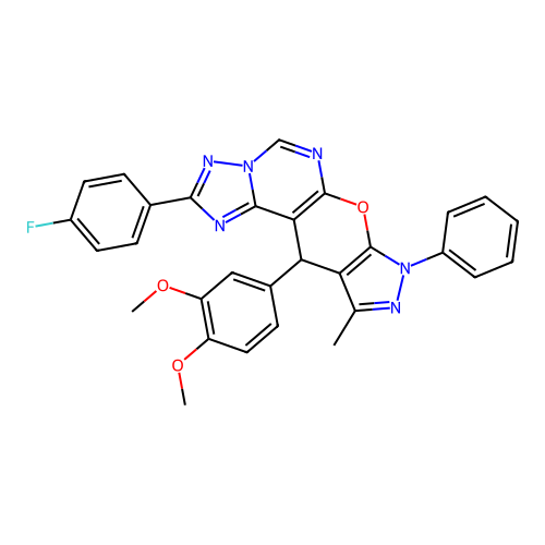 11-(3,4-dimethoxyphenyl)-2-(4-fluorophenyl)-10-methyl-8-phenyl-8,11-dihydropyrazolo[4',3':5,6]pyrano[3,2-e][1,2,4]triazolo[1,5-c]pyrimidine structure