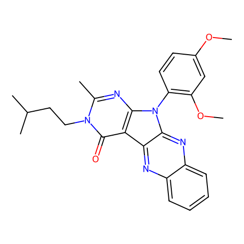 11-(2,4-dimethoxyphenyl)-2-methyl-3-(3-methylbutyl)-3,11-dihydro-4H-pyrimido[5',4':4,5]pyrrolo[2,3-b]quinoxalin-4-one structure