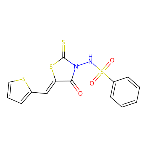 N-[(5Z)-4-oxo-2-sulfanylidene-5-(thiophen-2-ylmethylidene)-1,3-thiazolidin-3-yl]benzenesulfonamide structure