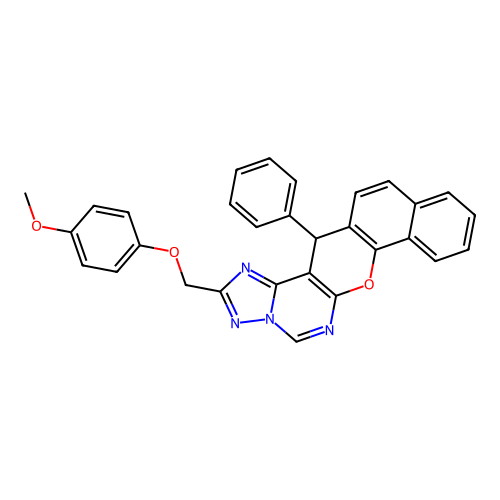 2-[(4-methoxyphenoxy)methyl]-14-phenyl-14H-benzo[7,8]chromeno[3,2-e][1,2,4]triazolo[1,5-c]pyrimidine structure