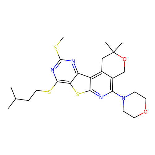 2,2-dimethyl-8-[(3-methylbutyl)sulfanyl]-10-(methylsulfanyl)-5-(morpholin-4-yl)-1,4-dihydro-2H-pyrano[4'',3'':4',5']pyrido[3',2':4,5]thieno[3,2-d]pyrimidine structure