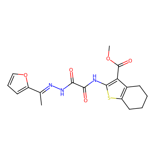 (E)-methyl 2-(2-(2-(1-(furan-2-yl)ethylidene)hydrazinyl)-2-oxoacetamido)-4,5,6,7-tetrahydrobenzo[b]thiophene-3-carboxylate structure