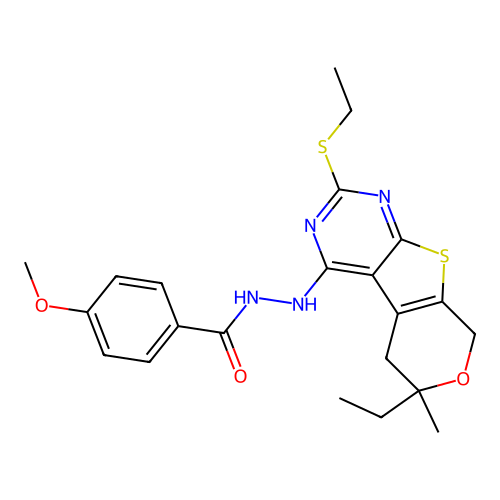 N'-(6-ethyl-2-(ethylthio)-6-methyl-6,8-dihydro-5H-pyrano[4',3':4,5]thieno[2,3-d]pyrimidin-4-yl)-4-methoxybenzohydrazide structure