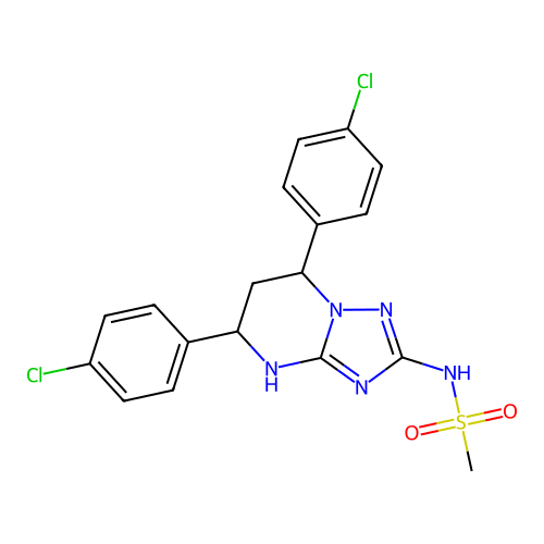 N-(5,7-bis(4-chlorophenyl)-4,5,6,7-tetrahydro-[1,2,4]triazolo[1,5-a]pyrimidin-2-yl)methanesulfonamide structure