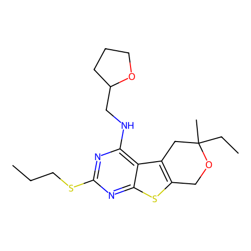 6-ethyl-6-methyl-2-(propylsulfanyl)-N-(tetrahydrofuran-2-ylmethyl)-5,8-dihydro-6H-pyrano[4',3':4,5]thieno[2,3-d]pyrimidin-4-amine structure