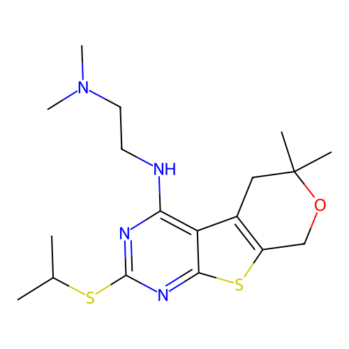 N'-[6,6-dimethyl-2-(propan-2-ylsulfanyl)-5,8-dihydro-6H-pyrano[4',3':4,5]thieno[2,3-d]pyrimidin-4-yl]-N,N-dimethylethane-1,2-diamine structure