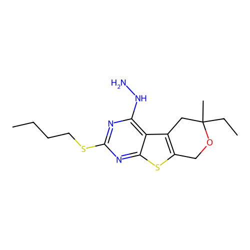 2-(butylsulfanyl)-6-ethyl-4-hydrazinyl-6-methyl-5,8-dihydro-6H-pyrano[4',3':4,5]thieno[2,3-d]pyrimidine structure