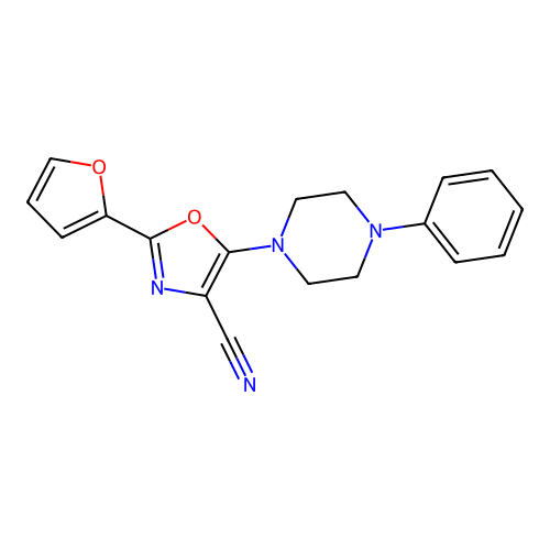 2-(Furan-2-yl)-5-(4-phenylpiperazin-1-yl)-1,3-oxazole-4-carbonitrile structure