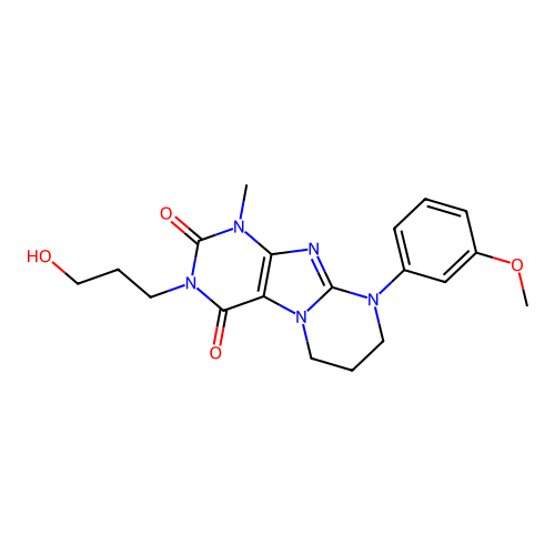 3-(3-hydroxypropyl)-9-(3-methoxyphenyl)-1-methyl-1,3,5-trihydro-6H,7H,8H-1,3-d iazaperhydroino[1,2-h]purine-2,4-dione structure