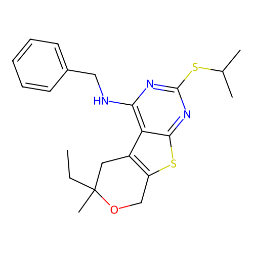 N-benzyl-6-ethyl-2-(isopropylthio)-6-methyl-6,8-dihydro-5H-pyrano[4',3':4,5]thieno[2,3-d]pyrimidin-4-amine structure