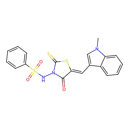 N-{(5Z)-5-[(1-methyl-1H-indol-3-yl)methylidene]-4-oxo-2-thioxo-1,3-thiazolidin-3-yl}benzenesulfonamide structure