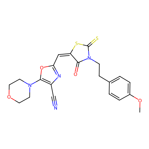 (E)-2-((3-(4-methoxyphenethyl)-4-oxo-2-thioxothiazolidin-5-ylidene)methyl)-5-morpholinooxazole-4-carbonitrile structure