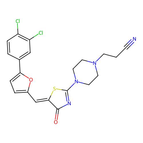 (Z)-3-(4-(5-((5-(3,4-dichlorophenyl)furan-2-yl)methylene)-4-oxo-4,5-dihydrothiazol-2-yl)piperazin-1-yl)propanenitrile structure