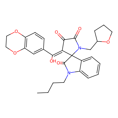 (3'E)-1-butyl-3'-[2,3-dihydro-1,4-benzodioxin-6-yl(hydroxy)methylidene]-1'-(tetrahydrofuran-2-ylmethyl)spiro[indole-3,2'-pyrrolidine]-2,4',5'(1H)-trione structure