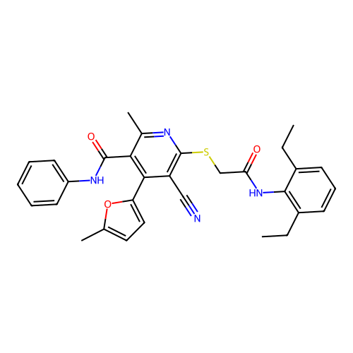 5-cyano-6-((2-((2,6-diethylphenyl)amino)-2-oxoethyl)thio)-2-methyl-4-(5-methylfuran-2-yl)-N-phenylnicotinamide structure