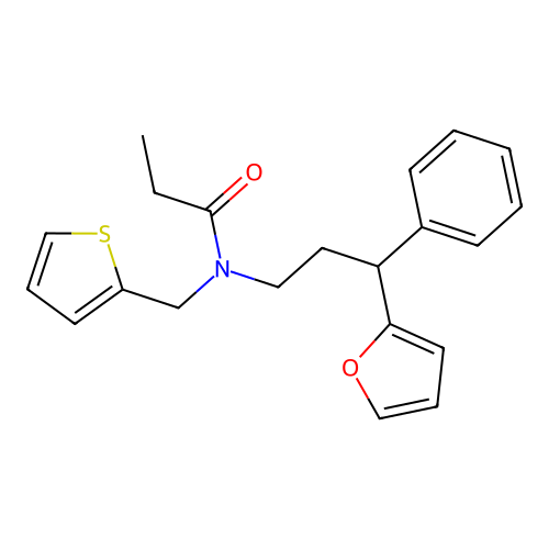 N-[3-(furan-2-yl)-3-phenylpropyl]-N-(thiophen-2-ylmethyl)propanamide structure