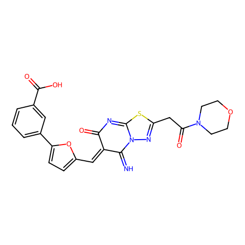 (Z)-3-(5-((5-imino-2-(2-morpholino-2-oxoethyl)-7-oxo-5H-[1,3,4]thiadiazolo[3,2-a]pyrimidin-6(7H)-ylidene)methyl)furan-2-yl)benzoic acid structure