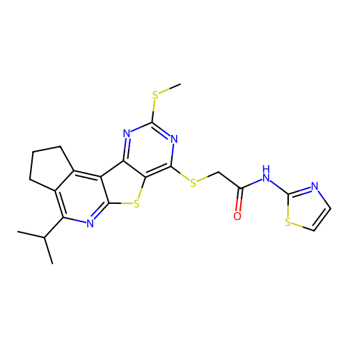 2-((4-isopropyl-9-(methylthio)-2,3-dihydro-1H-cyclopenta[4',5']pyrido[3',2':4,5]thieno[3,2-d]pyrimidin-7-yl)thio)-N-(thiazol-2-yl)acetamide structure