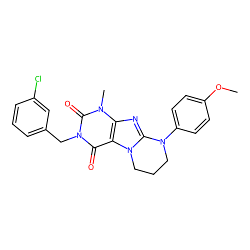 3-(3-chlorobenzyl)-9-(4-methoxyphenyl)-1-methyl-6,7,8,9-tetrahydropyrimido[2,1-f]purine-2,4(1H,3H)-dione structure