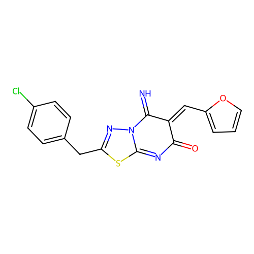 (6Z)-2-(4-chlorobenzyl)-6-(furan-2-ylmethylidene)-5-imino-5,6-dihydro-7H-[1,3,4]thiadiazolo[3,2-a]pyrimidin-7-one structure