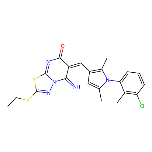 (6E)-6-[[1-(3-chloro-2-methylphenyl)-2,5-dimethylpyrrol-3-yl]methylidene]-2-ethylsulfanyl-5-imino-[1,3,4]thiadiazolo[3,2-a]pyrimidin-7-one structure