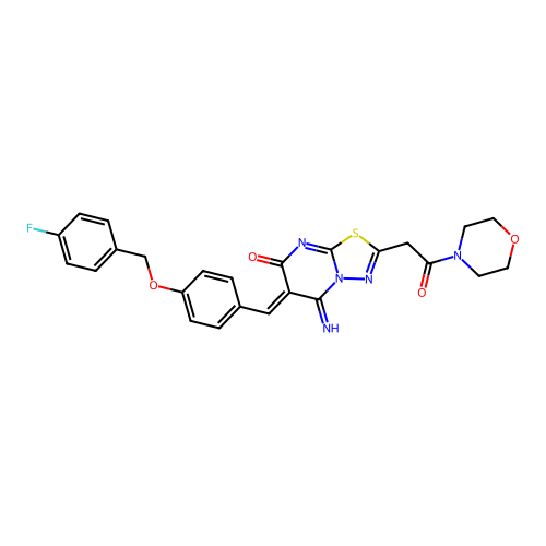 (6Z)-6-[[4-[(4-fluorophenyl)methoxy]phenyl]methylidene]-5-imino-2-(2-morpholin-4-yl-2-oxoethyl)-[1,3,4]thiadiazolo[3,2-a]pyrimidin-7-one structure